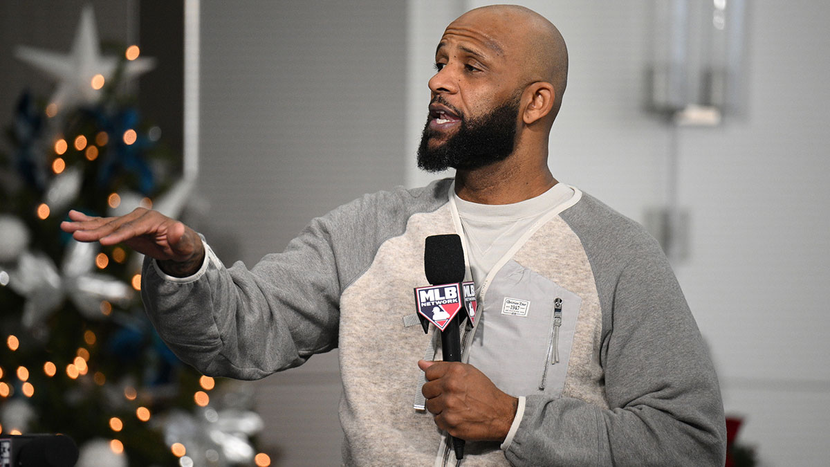 Former MLB pitcher C.C. Sabathia is interviewed on the MLB Network during the 2022 MLB Winter Meetings at Manchester Grand Hyatt.