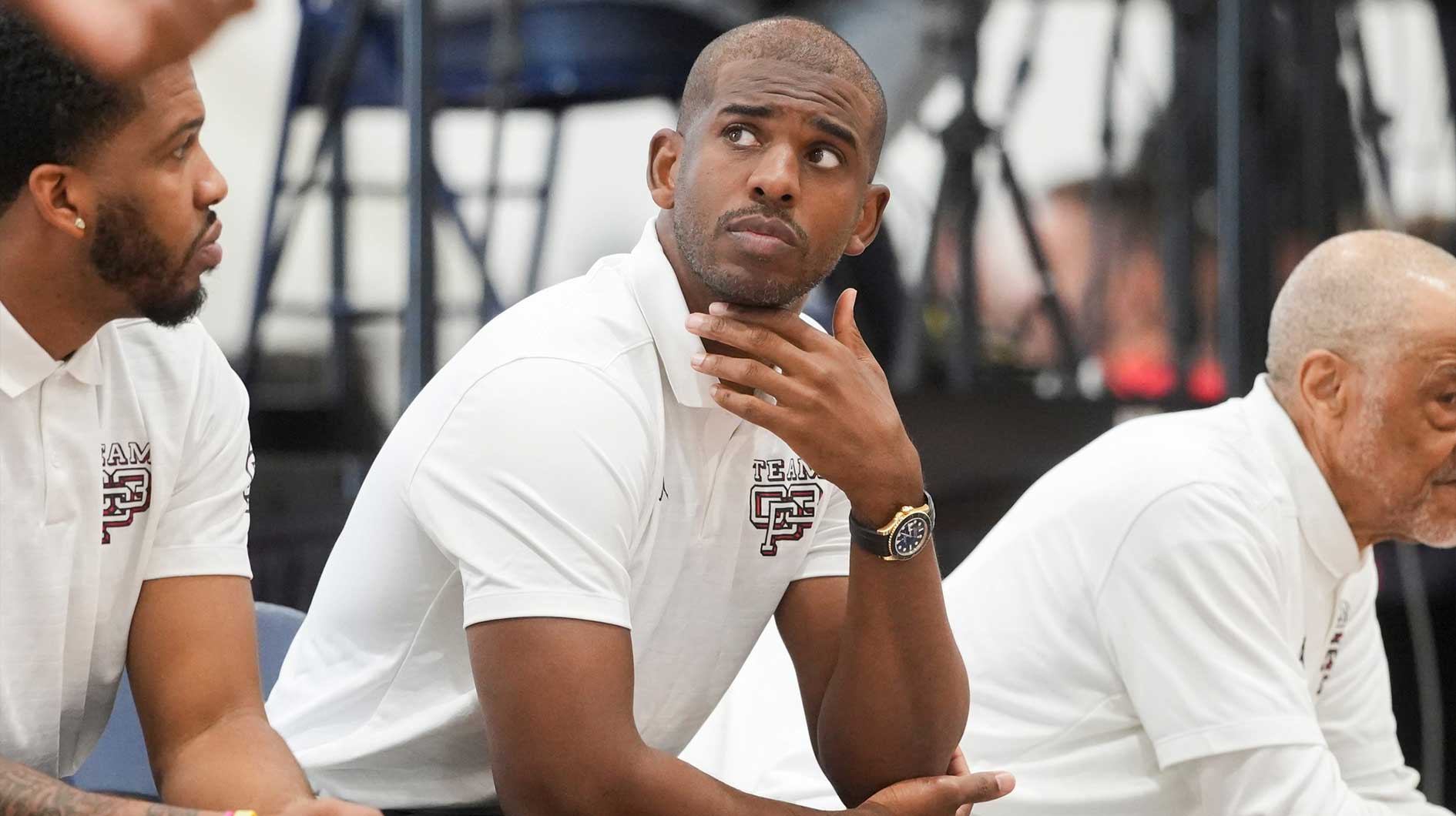 NBA player Chris Paul looks on as Team CP3 plays a game against Nightrydas at Nike EYBL at the Memphis Sports & Events Center on Saturday, May 17, 2025.