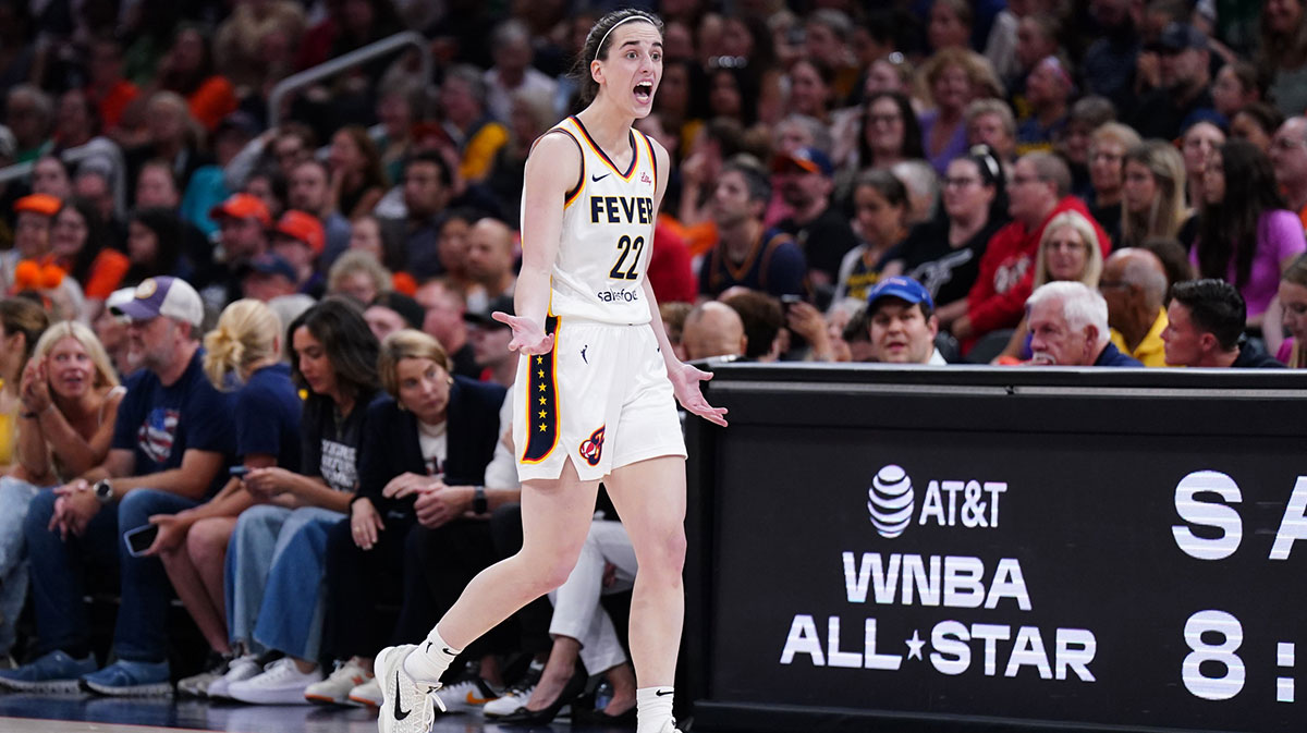 Indiana Fever guard Caitlin Clark (22) reacts after a play against the Connecticut Sun in the second quarter at TD Garden.
