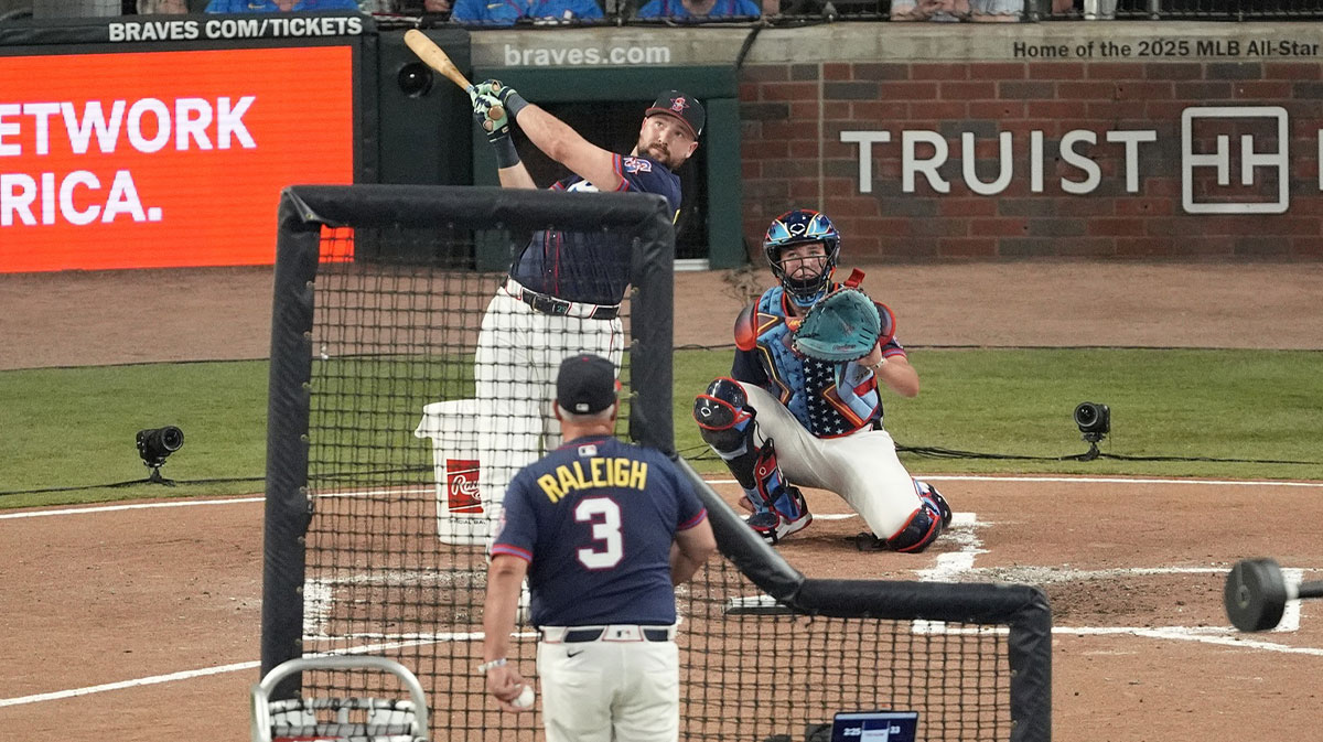 Jul 14, 2025; Atlanta, GA, USA; Seattle Mariners catcher Cal Raleigh (29) during the 2025 Home Run Derby at Truist Park.