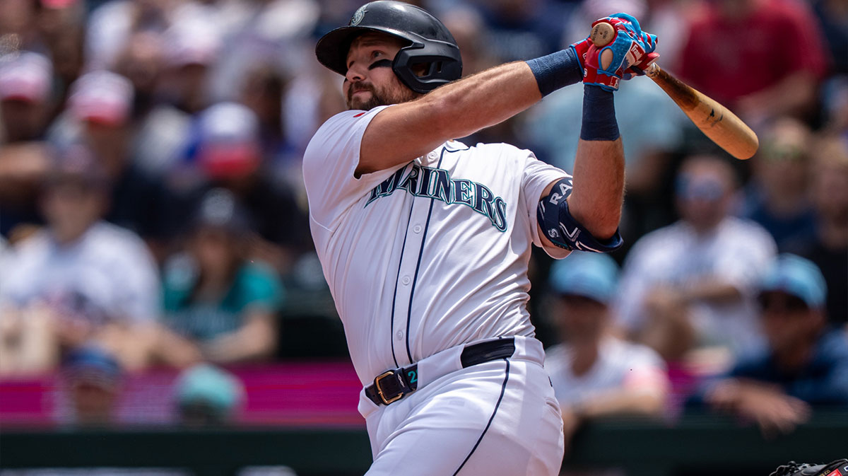 Seattle Mariners designated hitter Cal Raleigh (29) hits a two-run home run during the first inning against the Pittsburgh Pirates at T-Mobile Park.