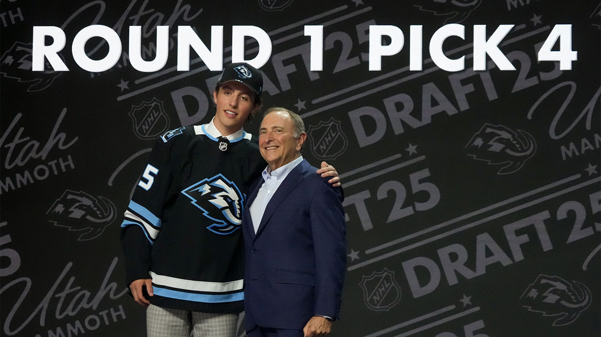 Caleb Desnoyers is selected as the fourth overall pick to the Utah Mammoth in the first round of the 2025 NHL Draft at Peacock Theater.