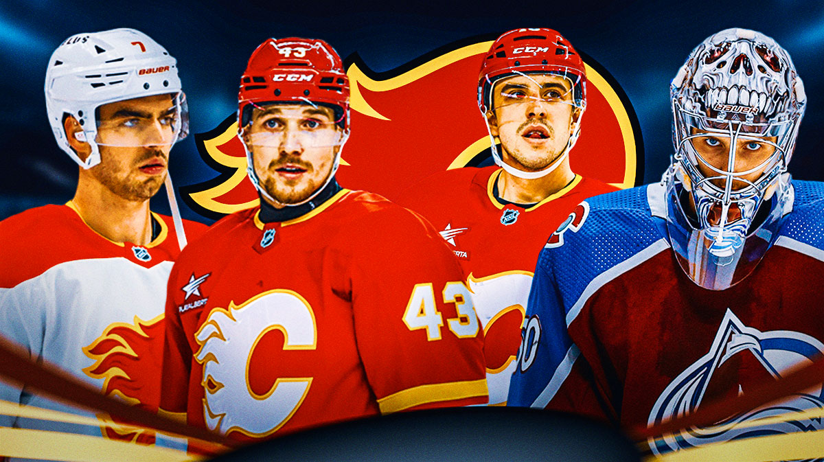 Kevin Bahl, Adam Klapka, Morgan Frost and Ivan Prosvetov with the Flames logo in the background. Flames free agency grade