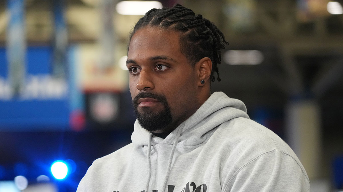 Cameron Jordan on the NFL Network set on Radio Row at the Super Bowl LIX media center.