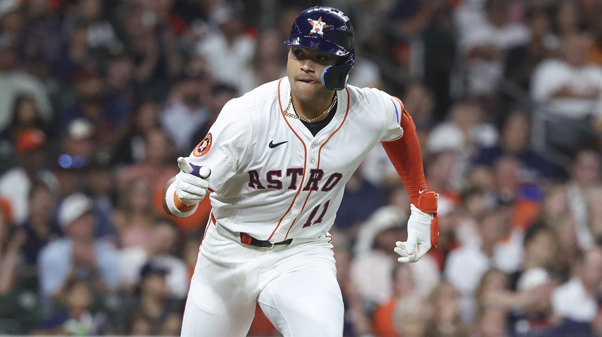 Houston Astros right fielder Cam Smith (11) points toward the dugout after hitting a single during the third inning against the Cleveland Guardians at Daikin Park.