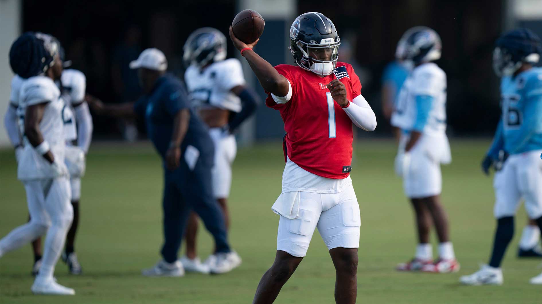 Tennessee Titans quarterback Cam Ward (1) throws during training camp at Ascension Saint Thomas Sports Park in Nashville, Tenn., Wednesday, July 30, 2025.
