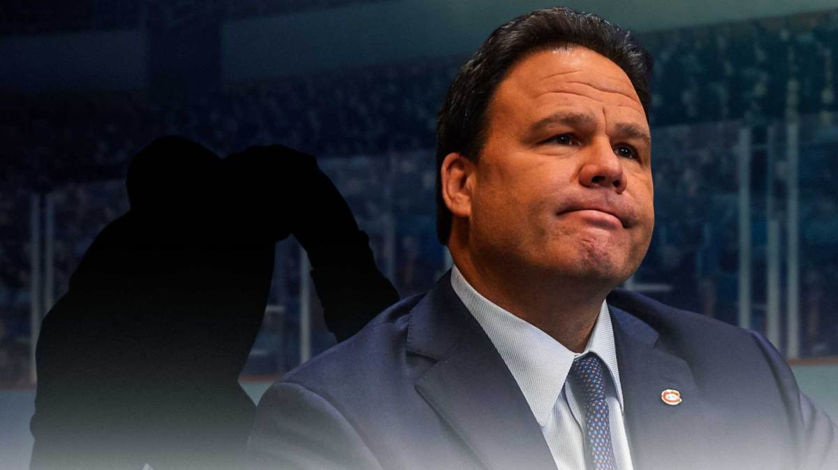 Jeff Gorton (Executive Vice President of Hockey Operations for Montreal) with a mystery player, question marks, and the Canadiens logo in the background.