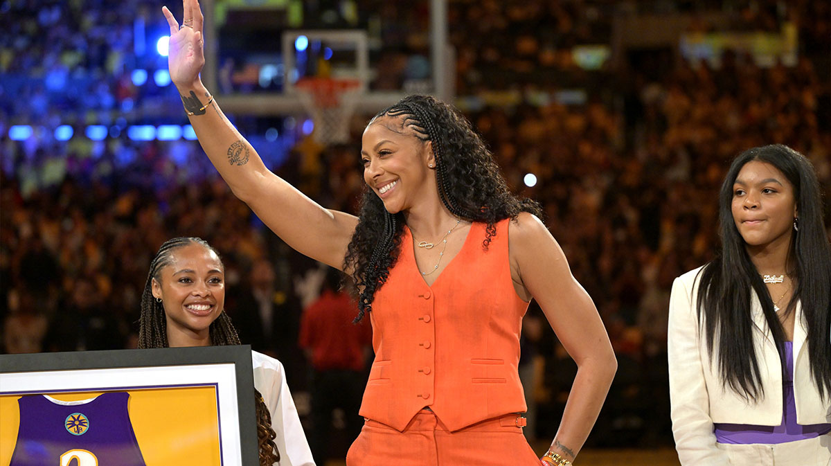 Jun 29, 2025; Los Angeles, California, USA; Former Los Angeles Sparks Candace Parker acknowledges the crowd during a jersey retirement ceremony at halftime at Crypto.com Arena. Mandatory Credit: Jayne Kamin-Oncea-Imagn Images
