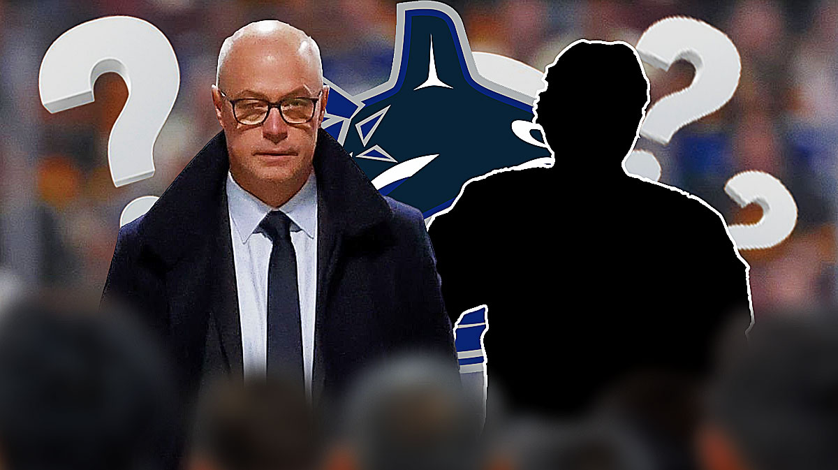 Patrik Allvin (canucks GM) with a mystery player, question marks around them and canucks logo in the background.