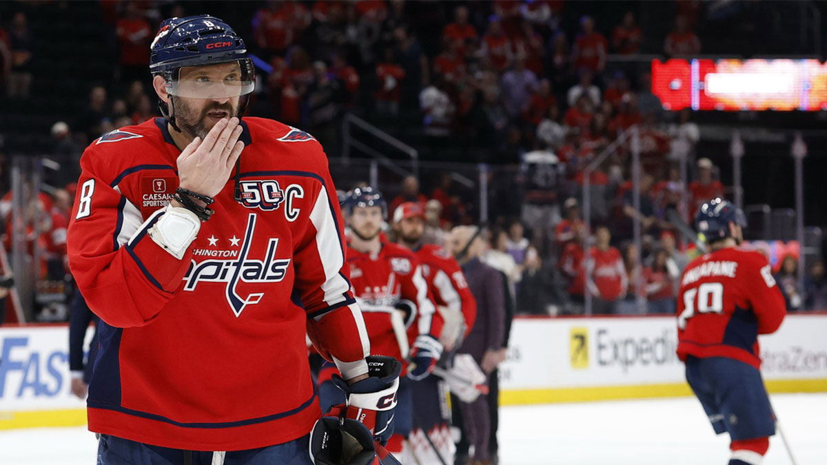 Washington Capitals left wing Alex Ovechkin (8) blows a kiss to his son in the stands after game five of the second round of the 2025 Stanley Cup Playoffs against the Carolina Hurricanes at Capital One Arena.
