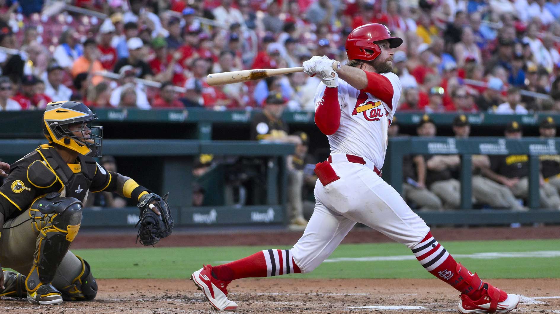 St. Louis Cardinals second baseman Brendan Donovan (33) hits a three run home run against the San Diego Padres during the second inning at Busch Stadium. The Yankees and Astros are among the suitors of Brendan Donovan ahead of the MLB Trade Deadline.