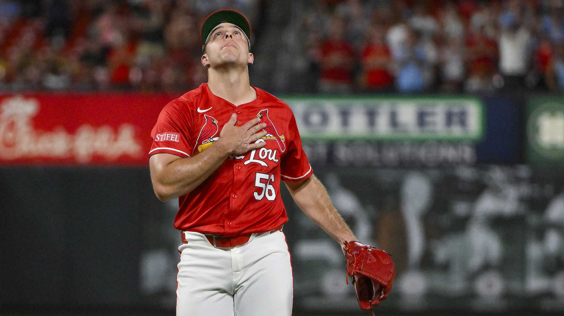 St. Louis Cardinals relief pitcher Ryan Helsley (56) reacts after the Cardinals defeated the San Diego Padres at Busch Stadium.