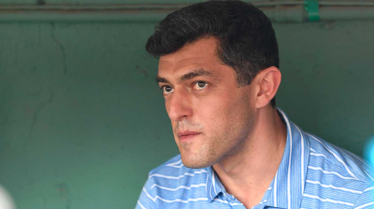 Boston Red Sox chief baseball officer Chaim Bloom talks with the media before a game against the Cleveland Guardians at Fenway Park.