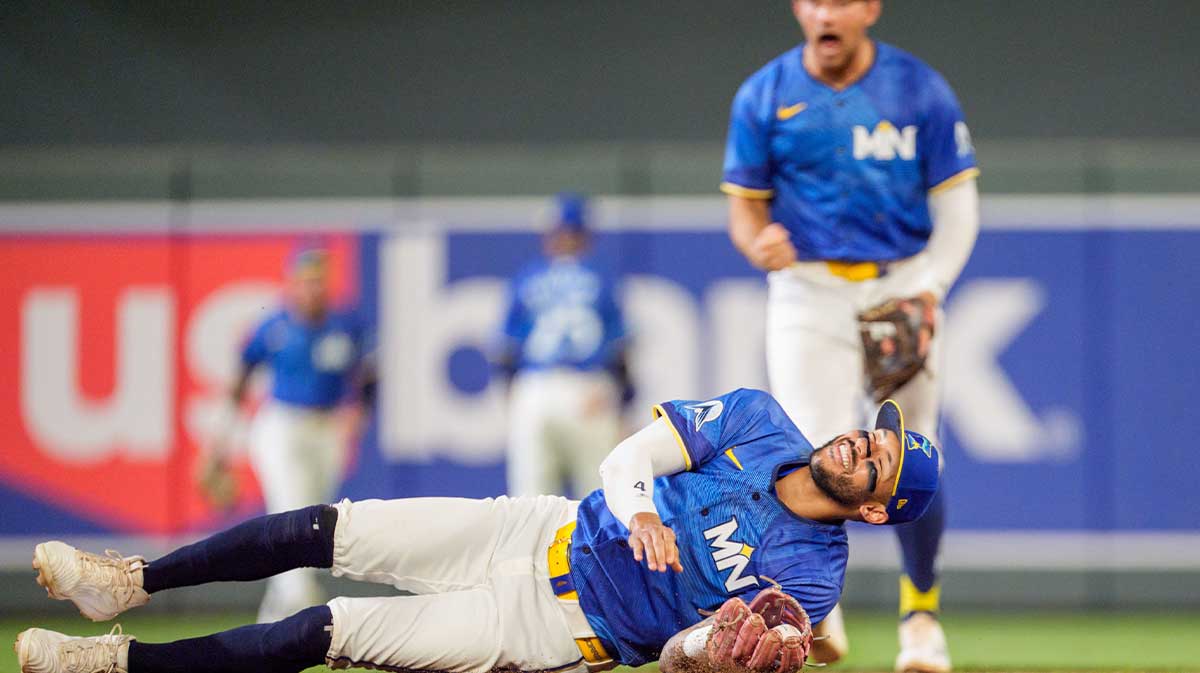 Minnesota Twins shortstop Carlos Correa (4) sprains his ankle and leaves the game against the Pittsburgh Pirates in the seventh inning at Target Field.