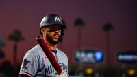 Minnesota Twins shortstop Carlos Correa (4) on deck during the fifth inning at Dodger Stadium.