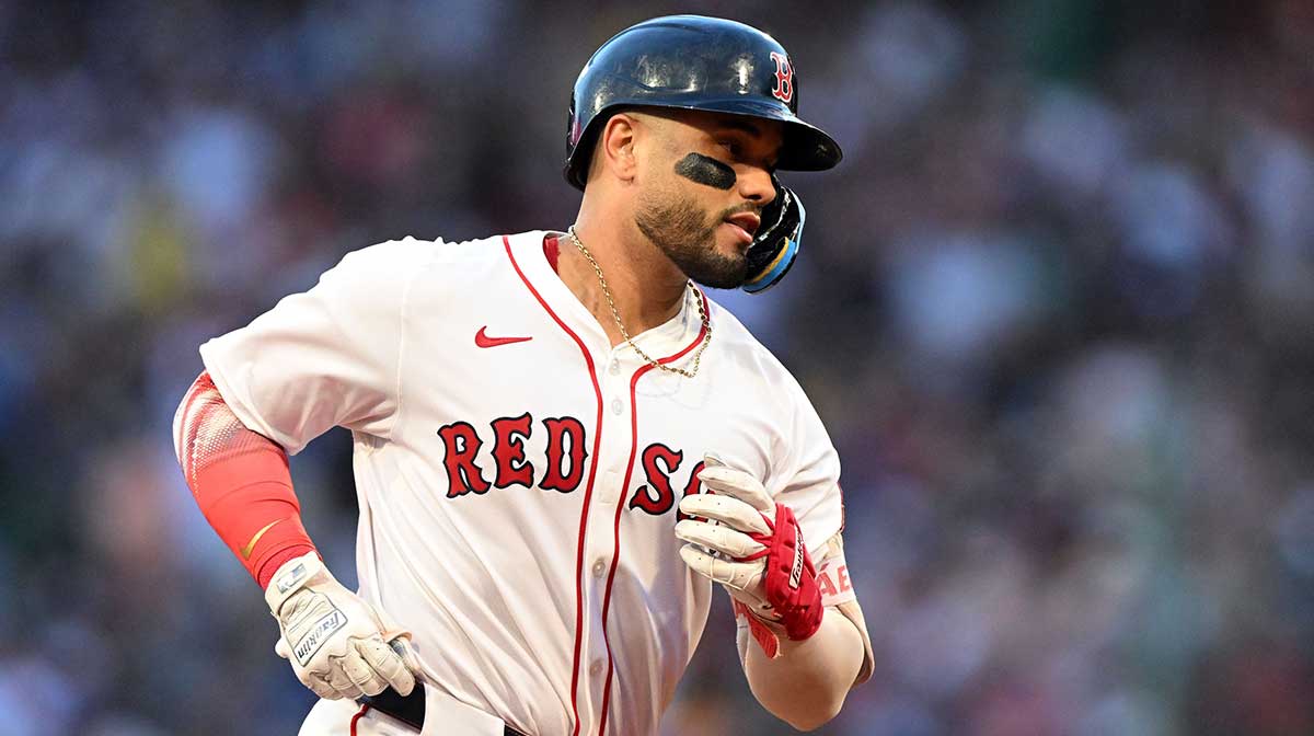 Boston Red Sox catcher Carlos Narvaez (75) runs the bases after hitting a solo home run against the Colorado Rockies during the second inning at Fenway Park.