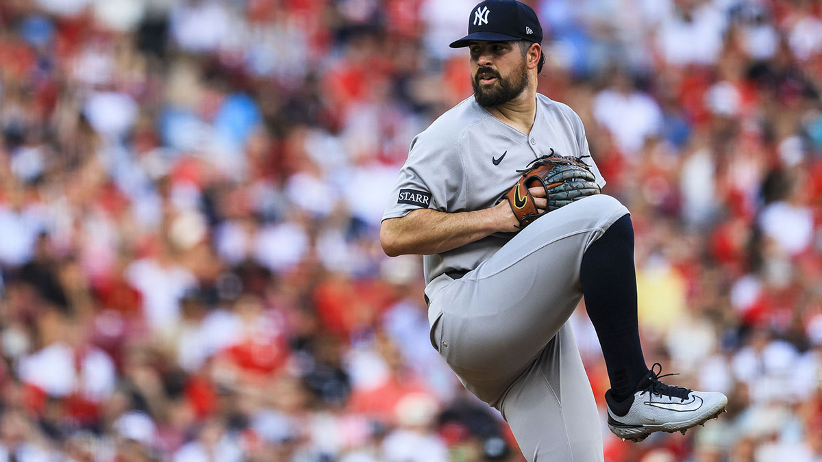 Jun 24, 2025; Cincinnati, Ohio, USA; New York Yankees starting pitcher Carlos Rodon (55) pitches against the Cincinnati Reds in the first inning at Great American Ball Park. Mandatory Credit: Katie Stratman-Imagn Images