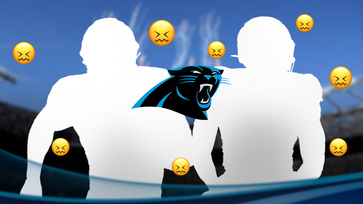 Mystery player in the middle, 😖 emojis around him, Carolina Panthers logo in the background