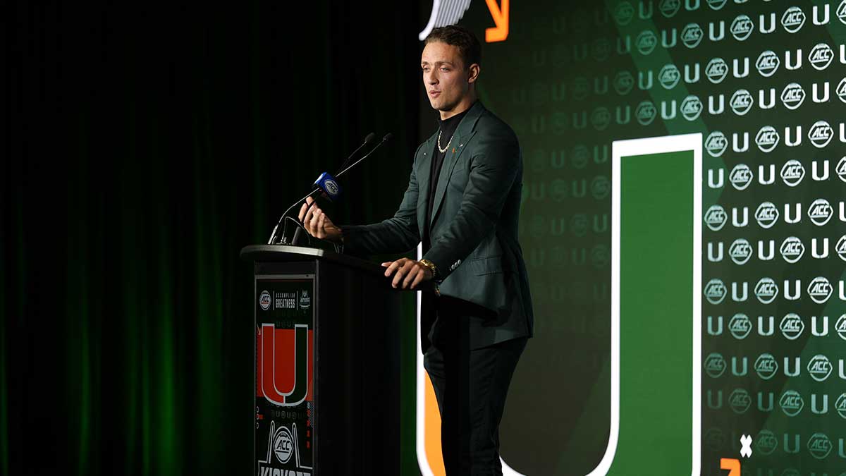 Miami quarterback Carson Beck answers questions from the media during ACC Media Days at Hilton Charlotte Uptown.