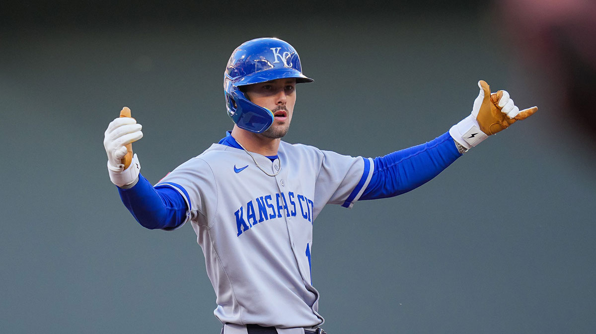 Kansas City Royals designated hitter Cavan Biggio (18) celebrates his double against the Minnesota Twins in the first inning at Target Field.