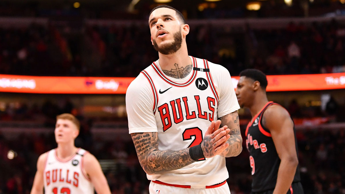 Chicago Bulls guard Lonzo Ball (2) reacts during a game against the Toronto Raptors at the United Center.