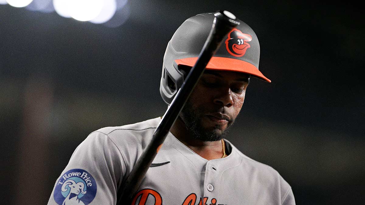 Baltimore Orioles center fielder Cedric Mullins (31) walks to the on deck circle during the game between the Texas Rangers and the Baltimore Orioles.