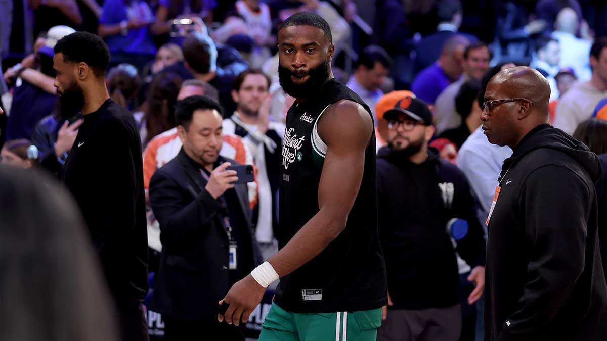 Celtics guard Jaylen Brown (7) walks off the court after losing to the New York Knicks in game six in the second round of the 2025 NBA Playoffs at Madison Square Garden
