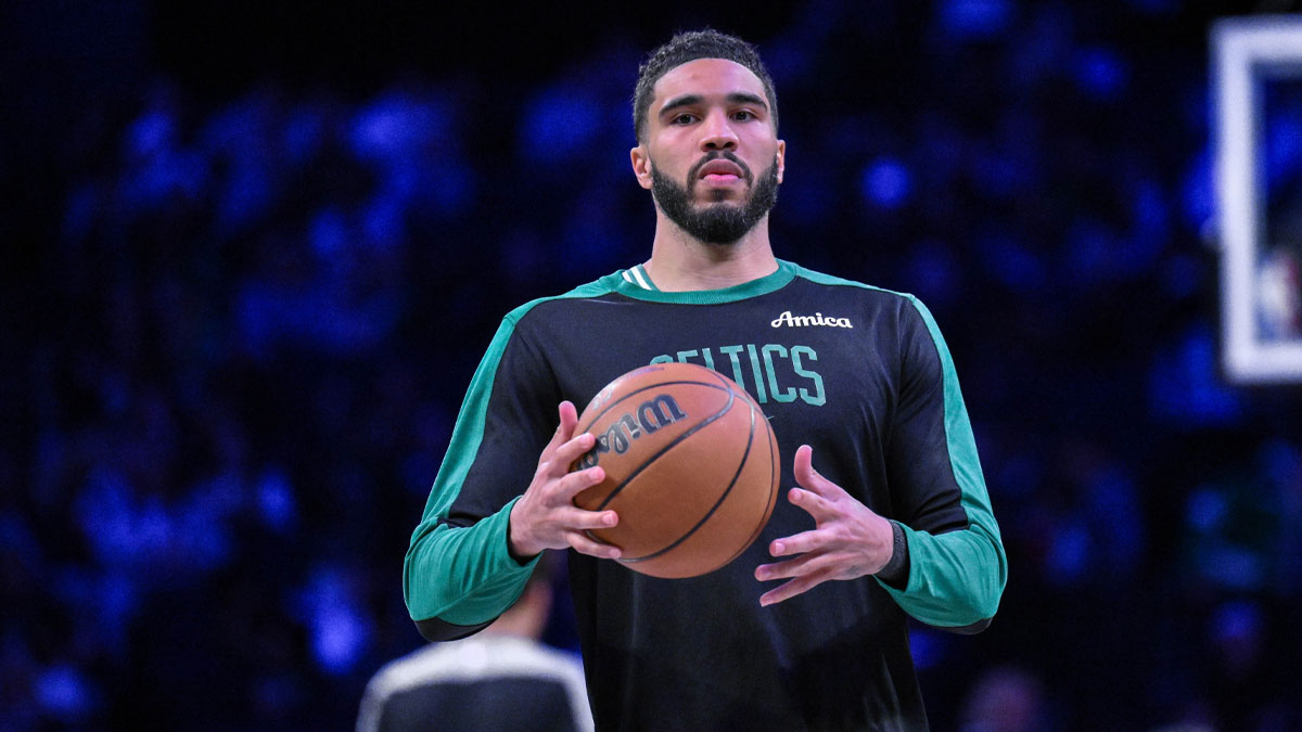 Boston Celtics forward Jayson Tatum (0) warms up before a game against the Brooklyn Nets at Barclays Center.