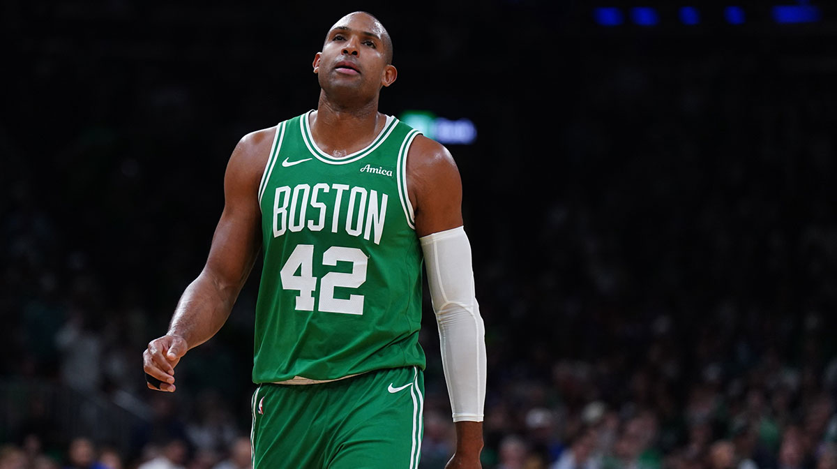 Celtics center Al Horford (42) returns up court against the New York Knicks in the fourth quarter during game two of the second round for the 2025 NBA Playoffs at TD Garden with Chris Boucher in the background