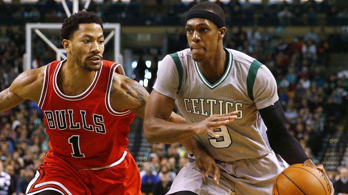 Celtics guard Rajon Rondo (9) drives on Chicago Bulls guard Derrick Rose