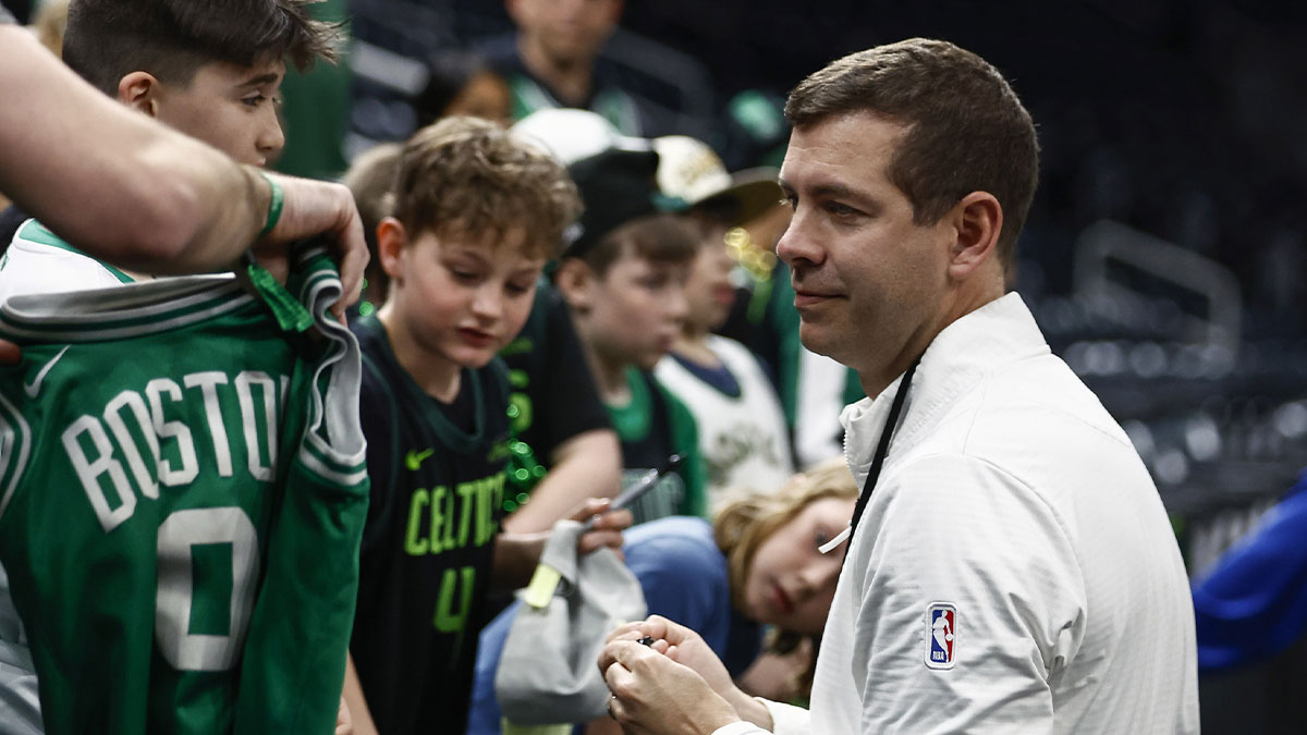 Brad Stevens, president of basketball operations signs autographs before game 2 of first round of the 2024 NBA Playoffs against the Orlando Magic at TD Garden.