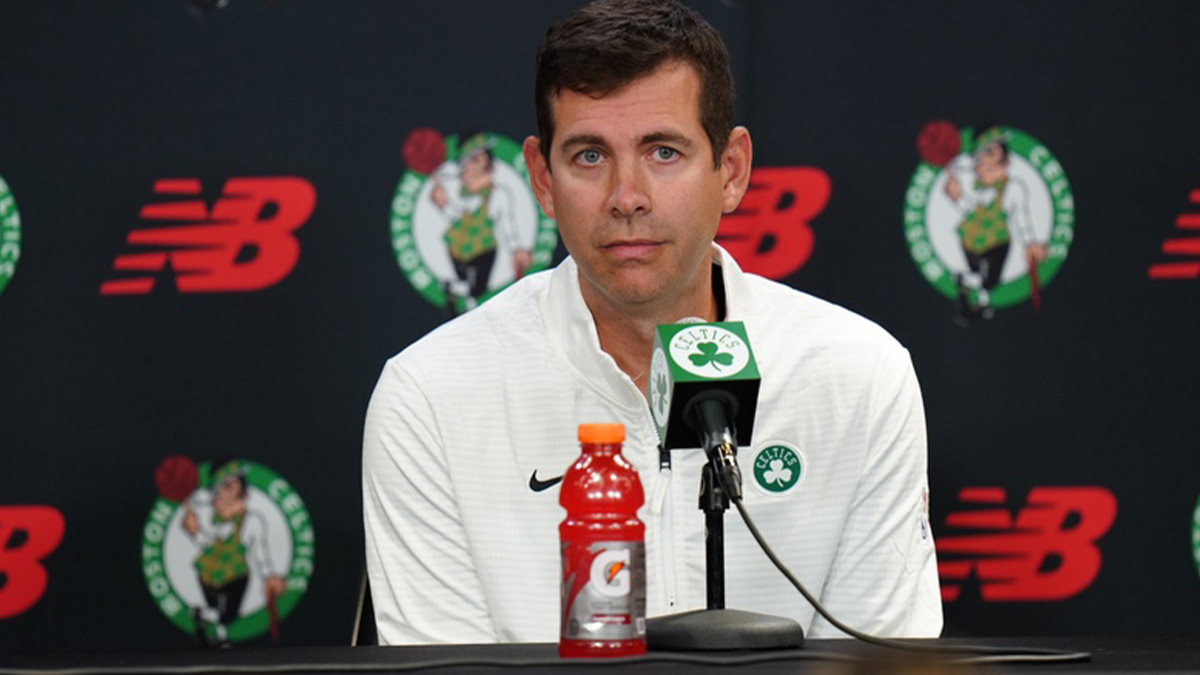 Boston Celtics general manager Brad Stevens talks to reporters during media day at Auerbach Center.
