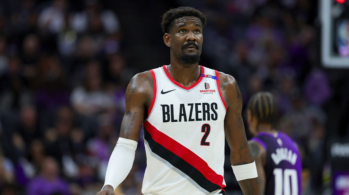 Portland Trail Blazers center Deandre Ayton (2) walks up the court during the second quarter against the Sacramento Kings at Golden 1 Center.