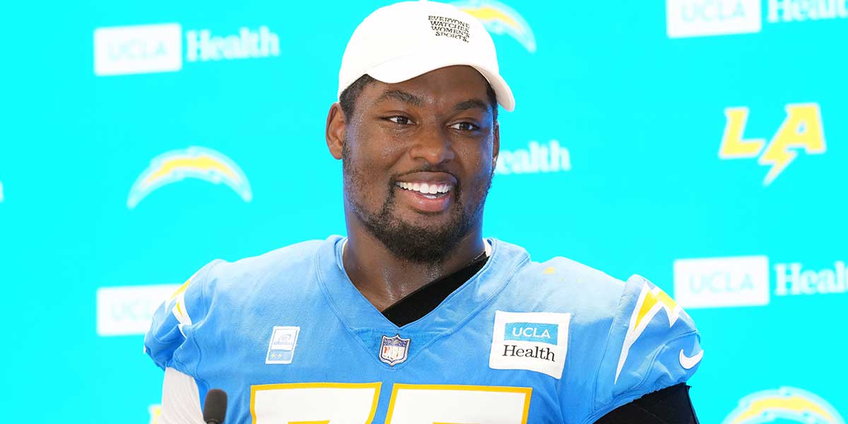 Los Angeles Chargers guard Zion Johnson (77) during training camp press conference at The Bolt.