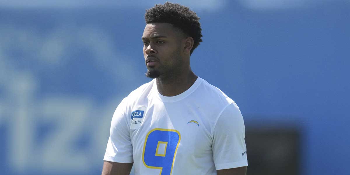 Los Angeles Chargers receiver Tre Harris (9) looks on during offseason workouts at The Bolt.