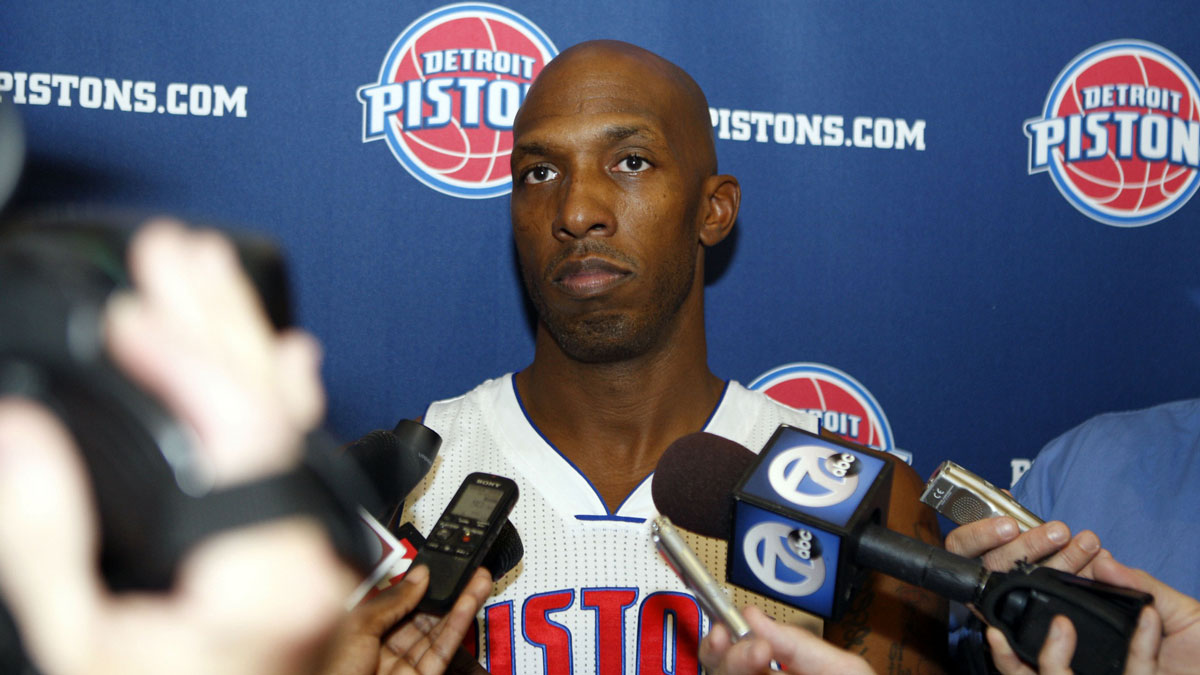 Detroit Pistons point guard Chauncey Billups (1) talks to the press during media day at Pistons Practice Facility.