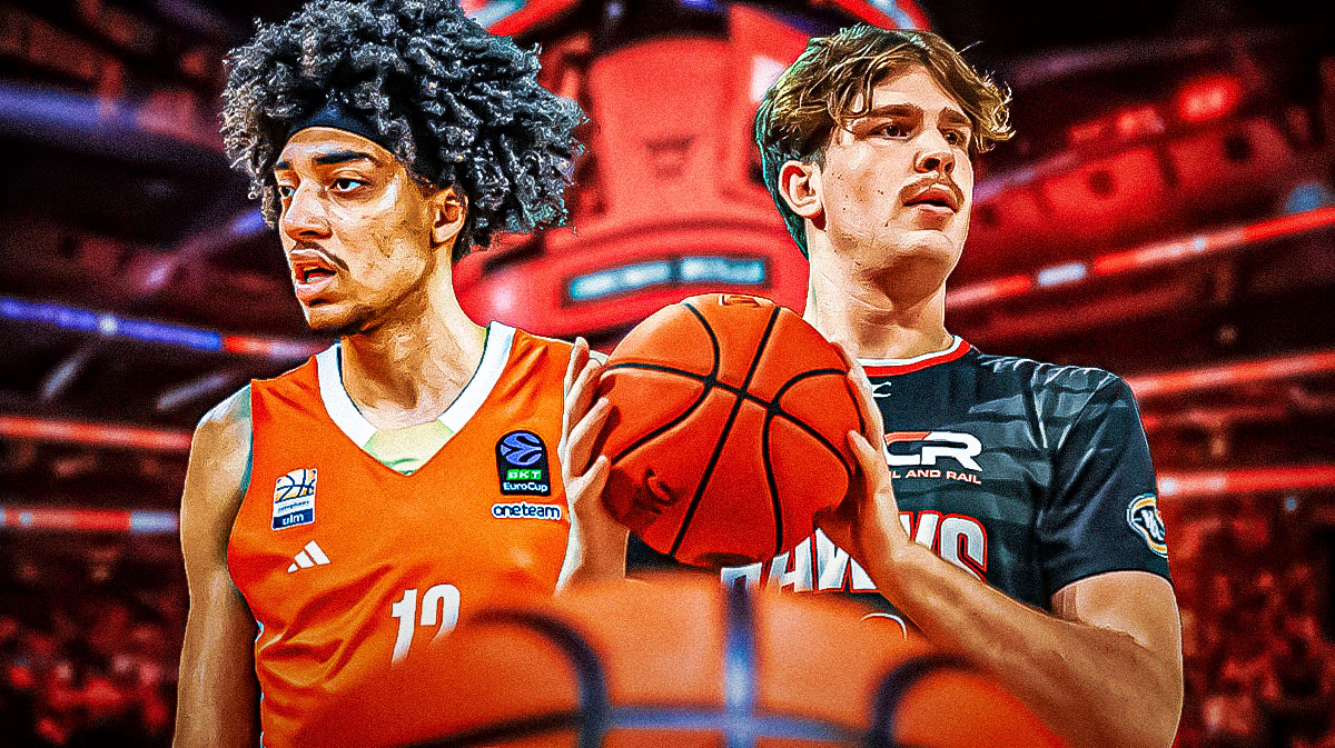 Bulls, Noa Essengue, Lachlan Olbrich, 2025 NBA Draft, Bulls draft grade, Lachlan Olbrich and Noa Essengue with Bulls arena in the background
