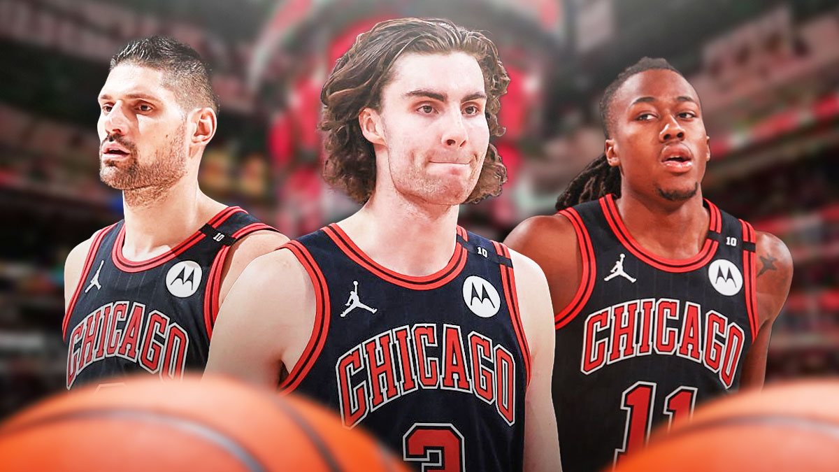 Josh Giddey wearing a Chicago Bulls jersey in the middle, Nikola Vucevic and Ayo Dosunmu around him