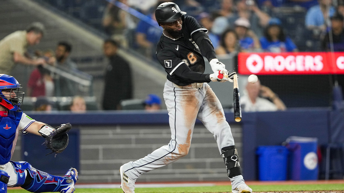 Chicago White Sox outfielder Luis Robert Jr. (88) breaks his bat during the ninth inning in their MLB game against the Toronto Blue Jays at Rogers Centre. Kavares Tears