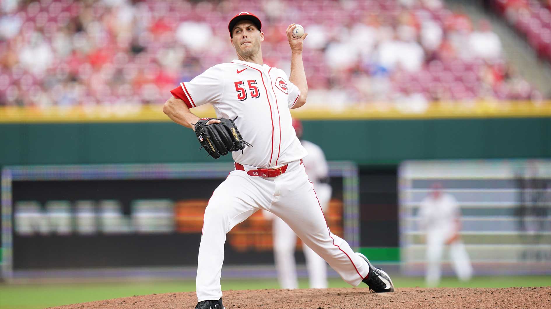 Cincinnati Reds pitcher Taylor Rogers (55) throws a pitch in the eighth inning the San Diego Padres at Great American Ball Park.