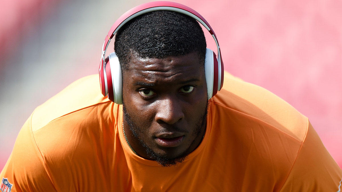 Tampa Bay Buccaneers linebacker Chris Braswell (43) warms up before a game against the Atlanta Falcons at Raymond James Stadium.
