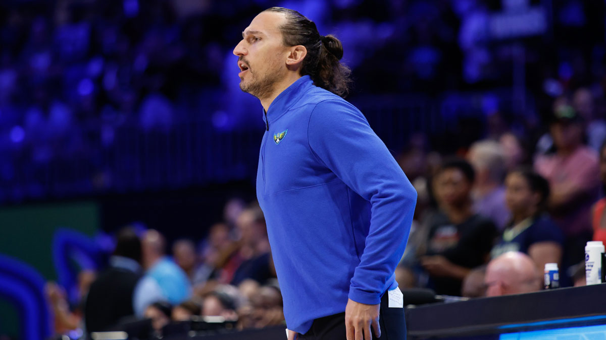 Dallas Wings head coach Chris Koclanes reacts against the Las Vegas Aces during the first half at College Park Center.