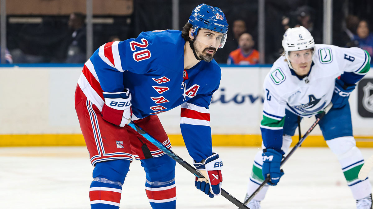 New York Rangers left wing Chris Kreider (20) waits for a face-off against the Vancouver Canucks during the third period at Madison Square Garden.