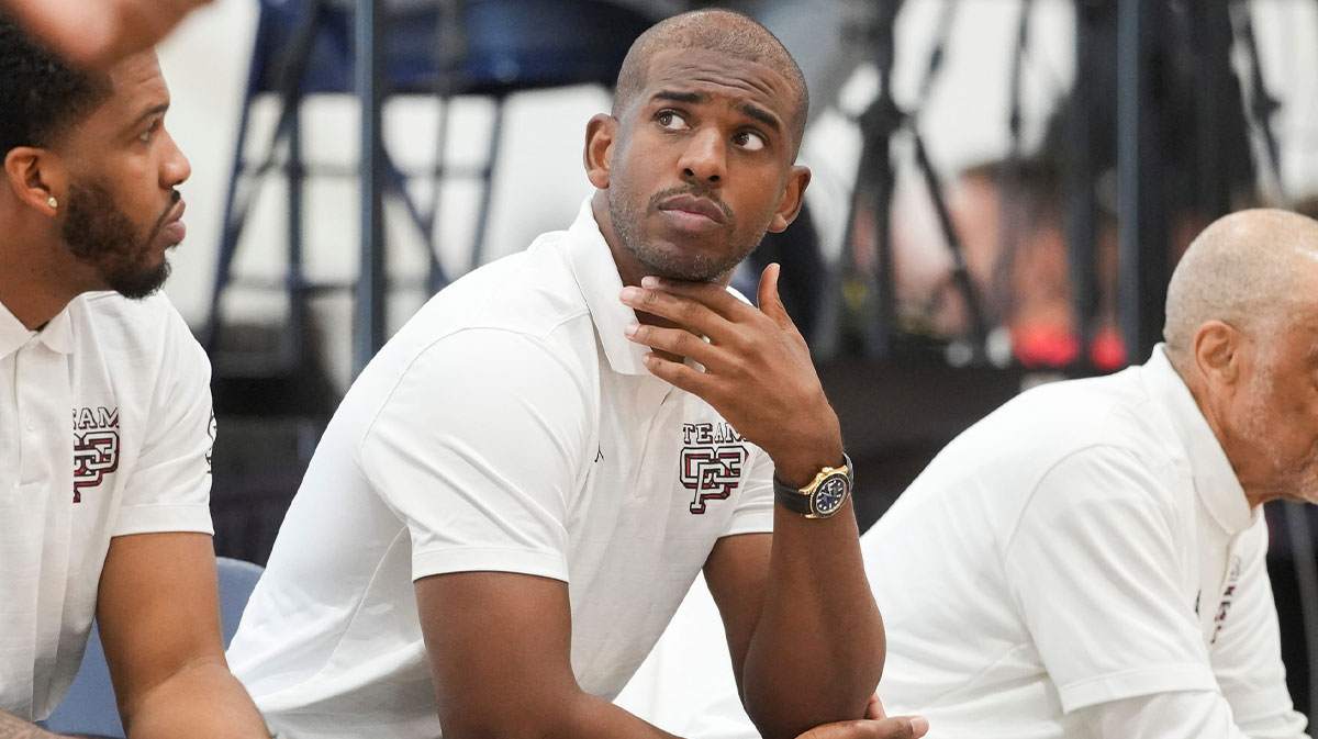 NBA player Chris Paul looks on as Team CP3 plays a game against Nightrydas at Nike EYBL at the Memphis Sports & Events Center.