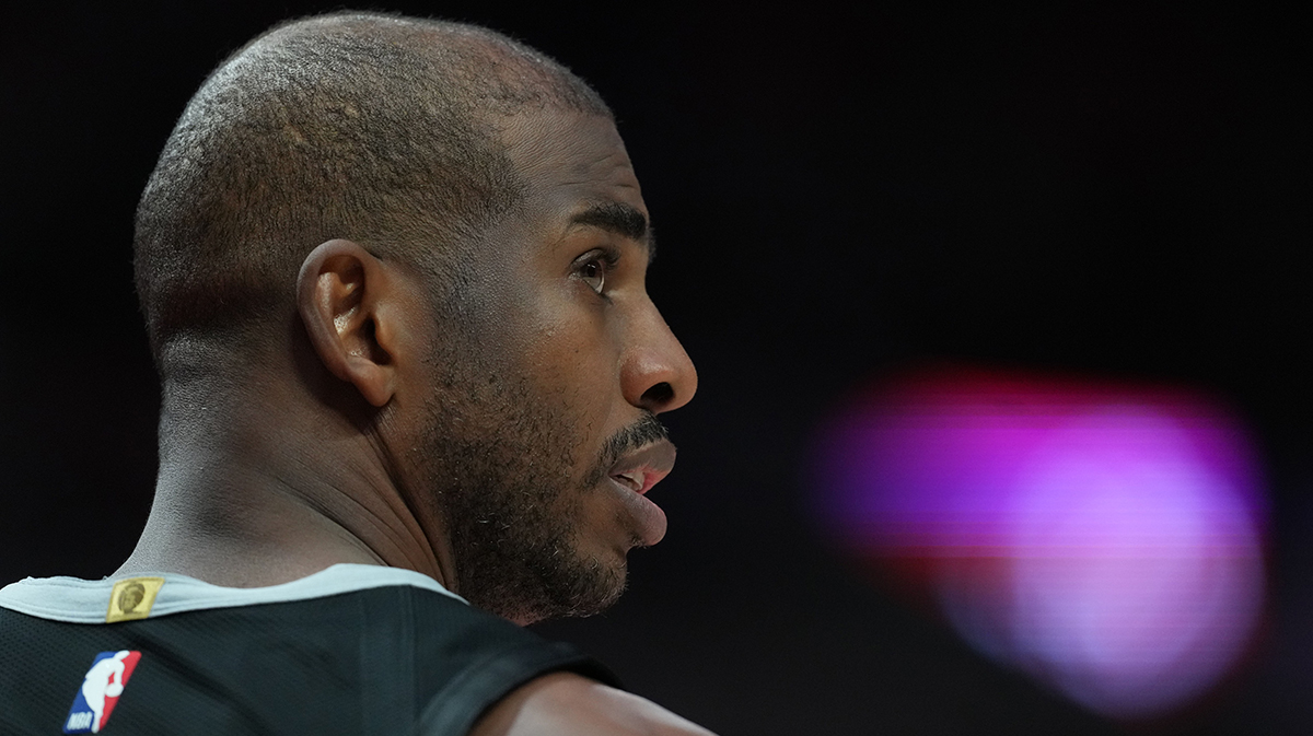 San Antonio Spurs point guard Chris Paul (3) looks on during the second half against the Portland Trail Blazers at Moda Center.