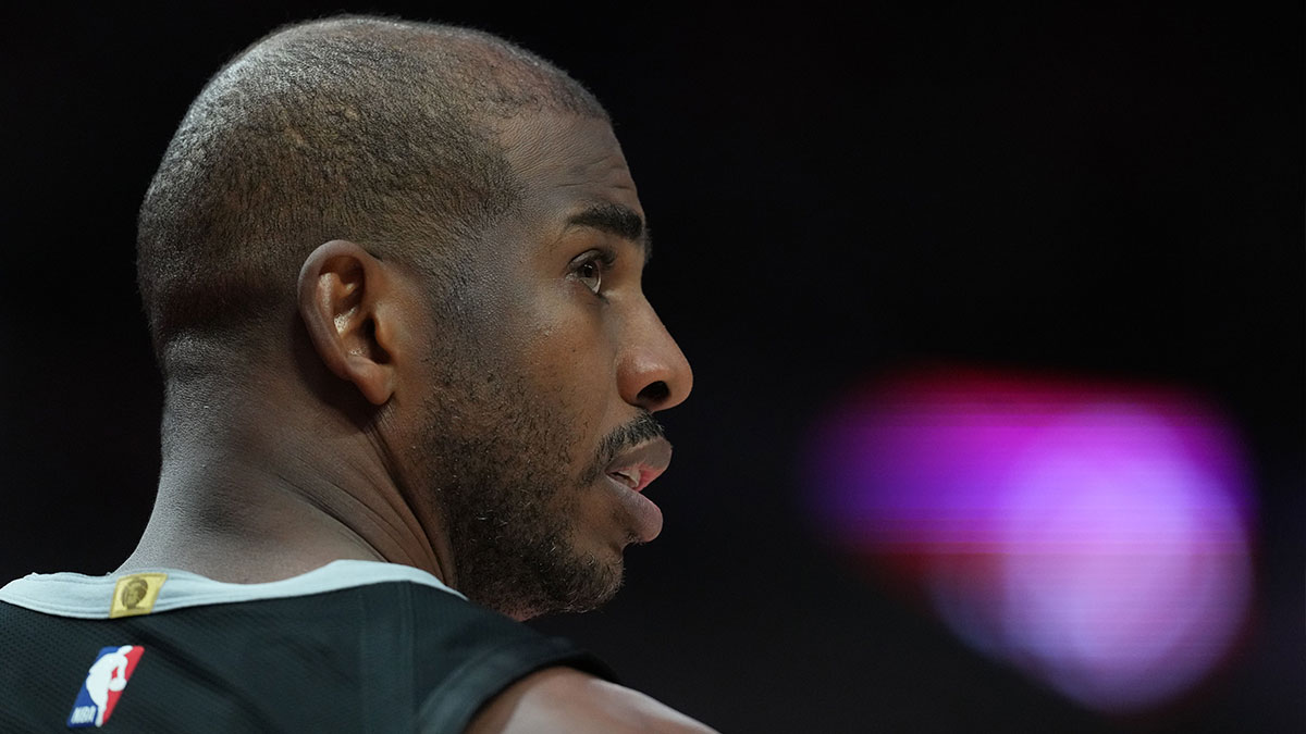 San Antonio Spurs point guard Chris Paul (3) looks on during the second half against the Portland Trail Blazers at Moda Center.