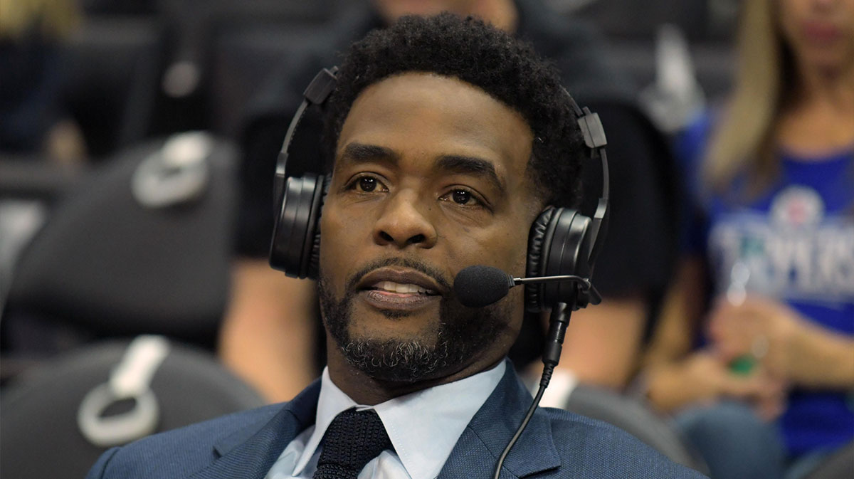 TNT broadcasters Chris Webber reacts during an NBA basketball game between the Oklahoma City Thunder and the Los Angeles Clippers at Staples Center. The Thunder defeated the Clippers 127-117.