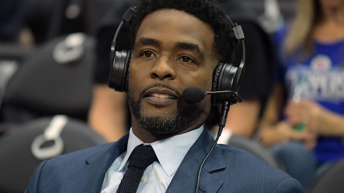 TNT broadcasters Chris Webber reacts during an NBA basketball game between the Oklahoma City Thunder and the Los Angeles Clippers at Staples Center. The Thunder defeated the Clippers 127-117.