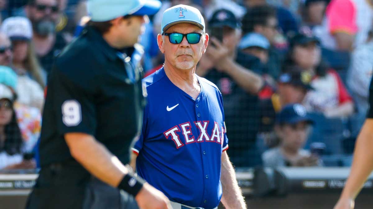 Texas Rangers manager Bruce Bochy (15) challenges a play during the fifth inning against the San Diego Padres at Petco Park