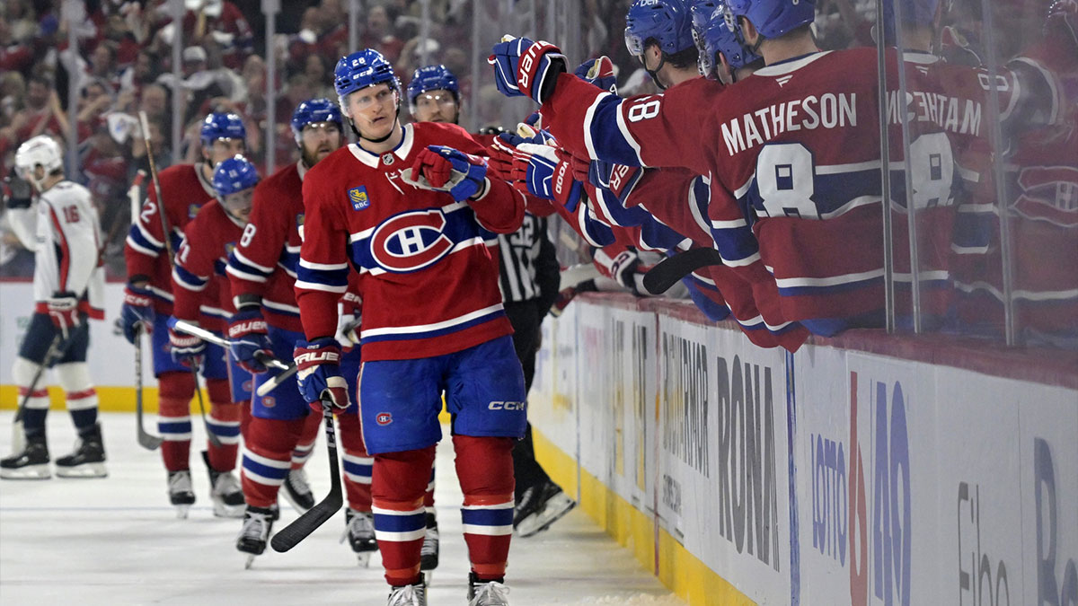 Montreal Canadiens forward Christian Dvorak (28) celebrates with teammates after scoring a goal against the Washington Capitals during the third period in game three of the first round of the 2025 Stanley Cup Playoffs at the Bell Centre.